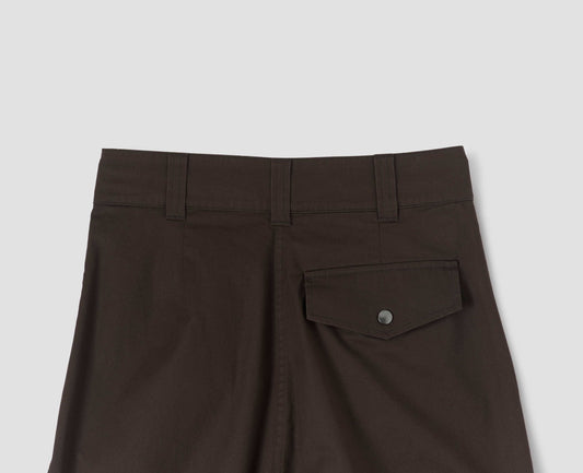 Dark brown pleated trousers with popper fastening back flap pocket and belt loops. Back flat lay view.