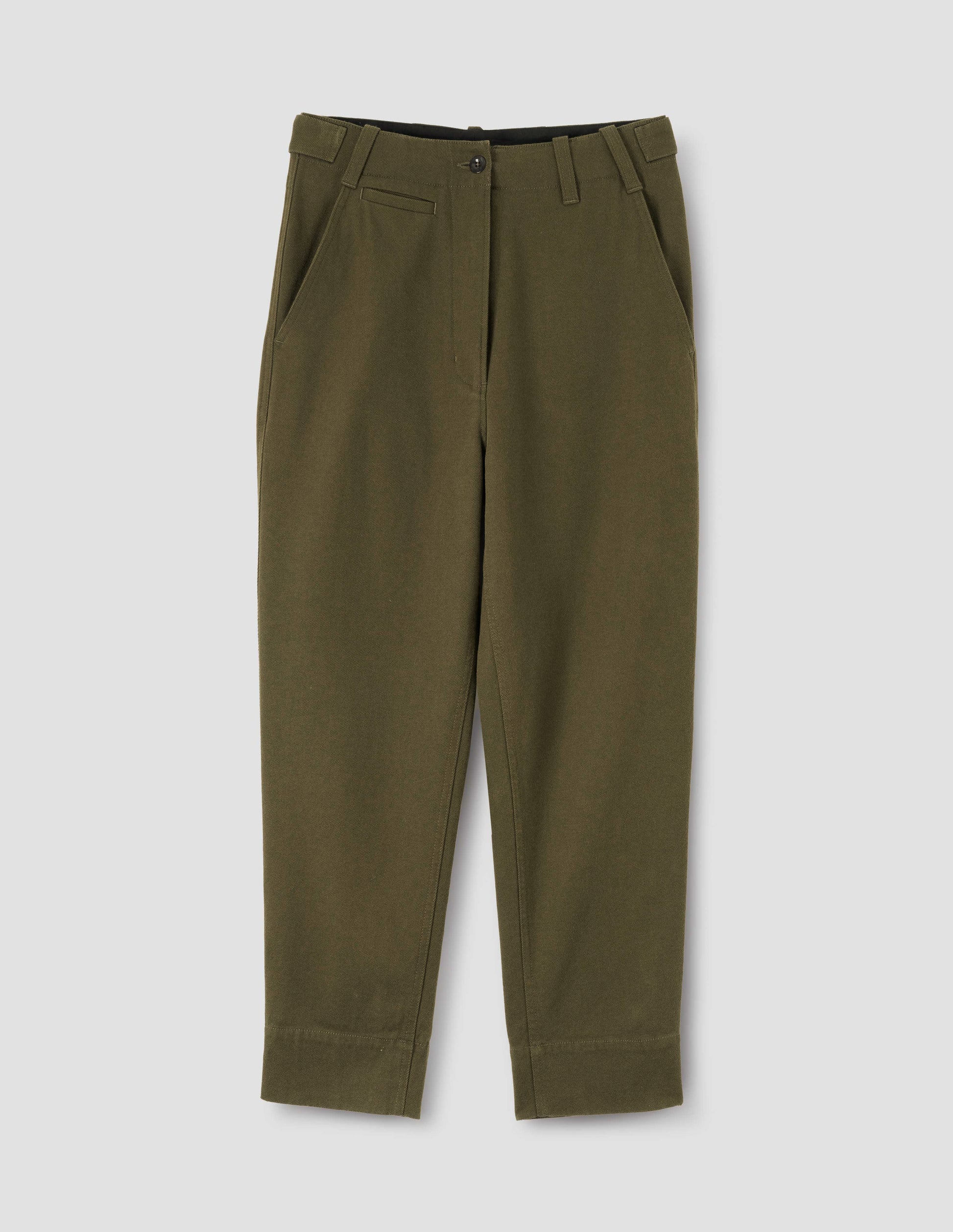 Green cotton wool trousers with zip fly button through fastening, button tab side adjusters, belt loops, slant pockets and ticket pocket detail. Front flat lay view.