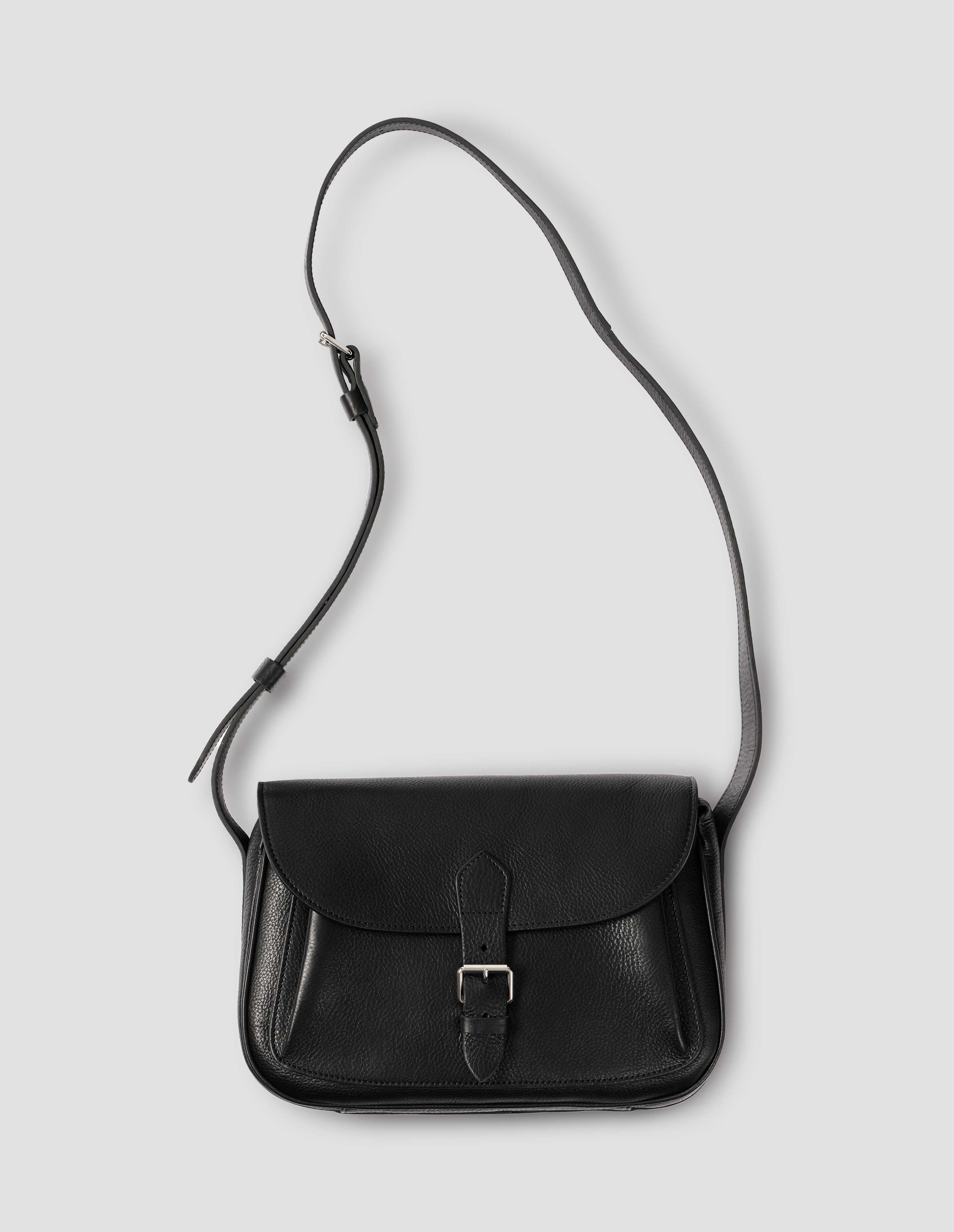 Black fine grain leather Pleat Pocket Satchel | Margaret Howell