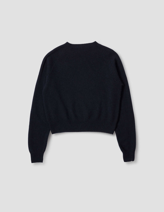 Dark navy jumper with raglan sleeve, contrast rib on neck, cuffs and hem. Back flat lay view.