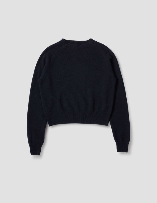 Dark navy jumper with raglan sleeve, contrast rib on neck, cuffs and hem. Front flat lay view.
