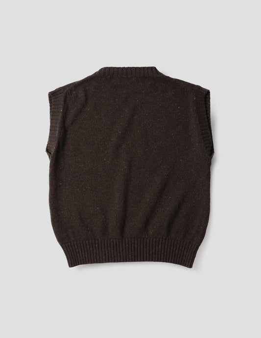 Dark brown boxy slipover with ribbed neck, armhole and hem, back flat lay view.