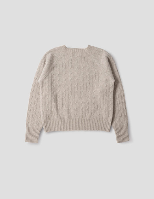 Beige cable knit long sleeve jumper with raglan sleeve and contrast rib on neck, cuffs and hem. Back flat lay view.