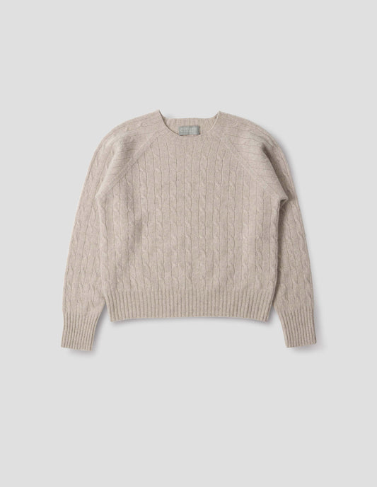 Beige cable knit long sleeve jumper with raglan sleeve and contrast rib on neck, cuffs and hem. Front flat lay view.