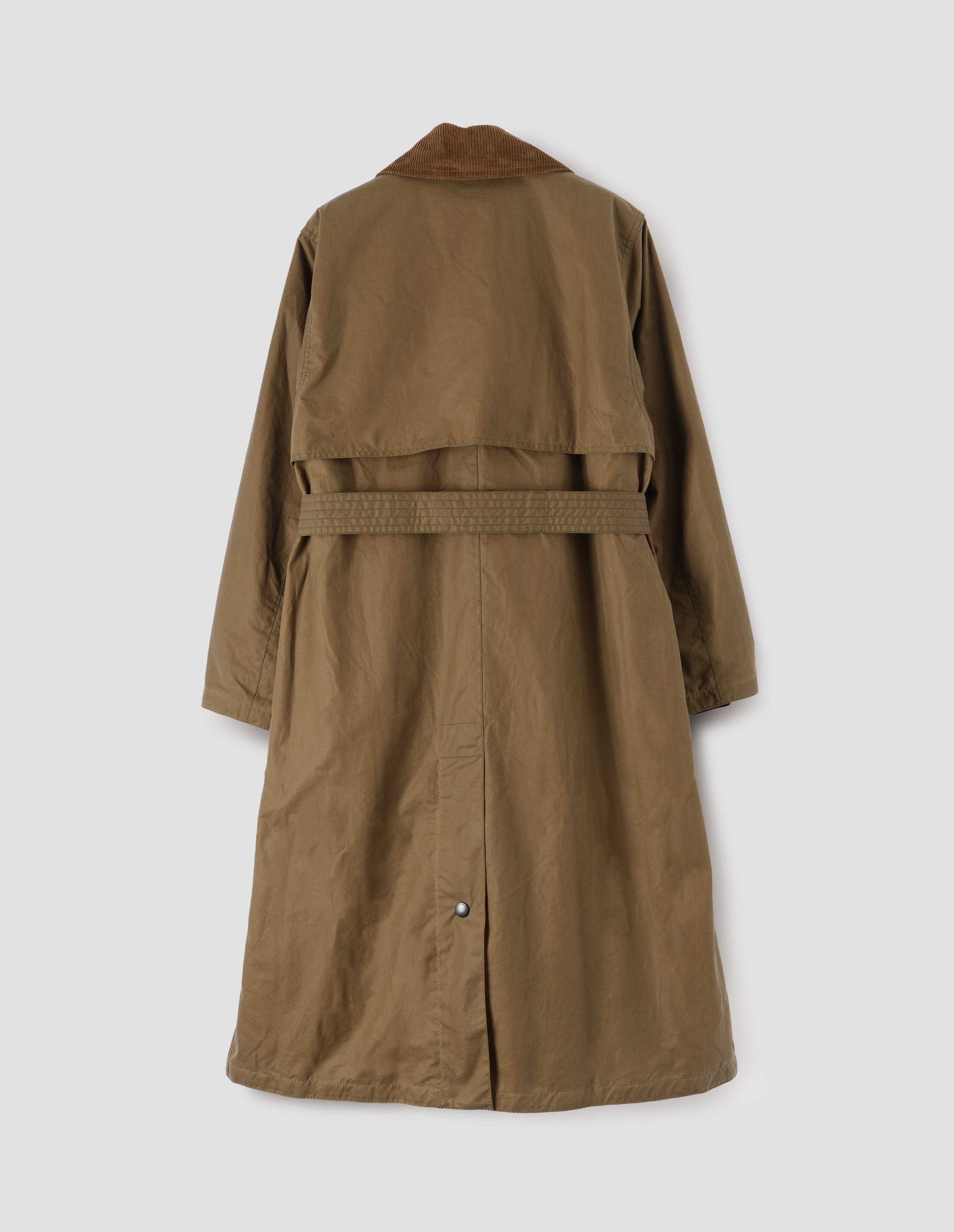 Light brown trench coat with corduroy collar,  belt, storm flap and press stud fastening deep centre vent. Back flat lay view.
