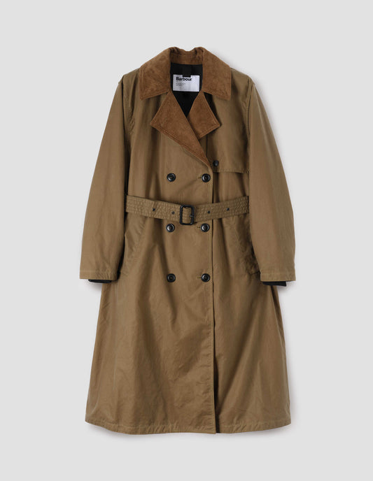 Light brown trench coat with corduroy collar and lapel, press stud fastening storm flap, horn buttons, leather buckle belt and deep welt slant pockets. Front flat lay view.