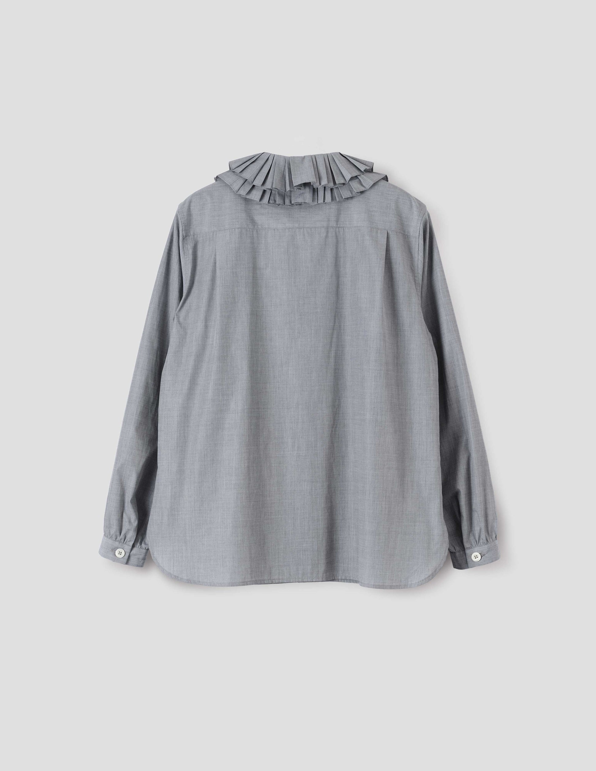 Grey long sleeve shirt with ruffled collar and shirt cuffs. Back flat lay view.