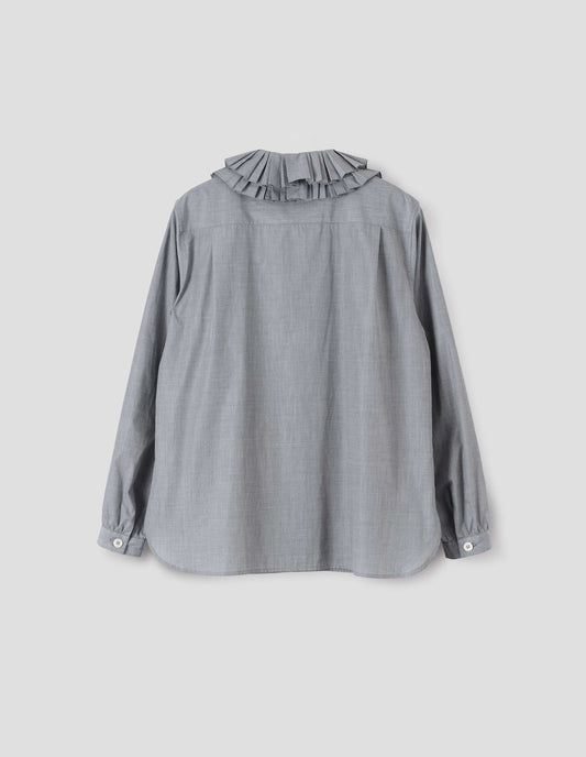 Grey long sleeve shirt with ruffled collar and shirt cuffs. Back flat lay view.
