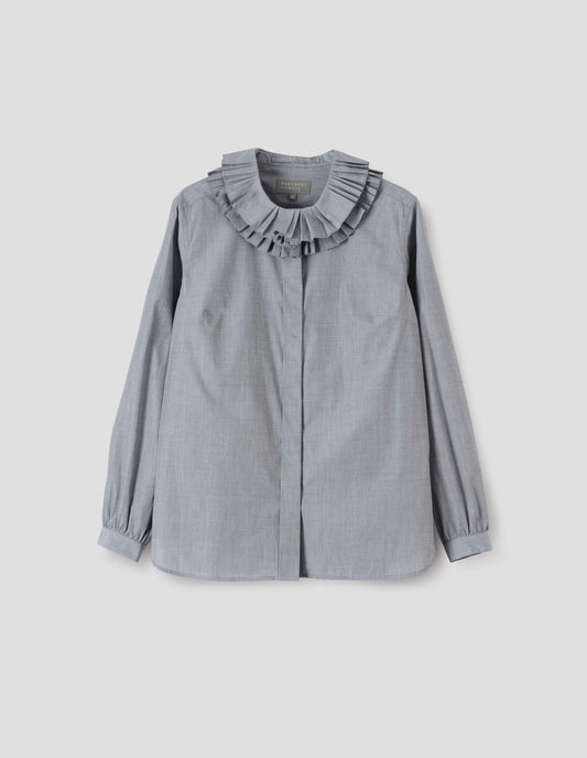 Grey long sleeve shirt with ruffled collar, concealed placket and shirt cuffs. Front flat lay view.