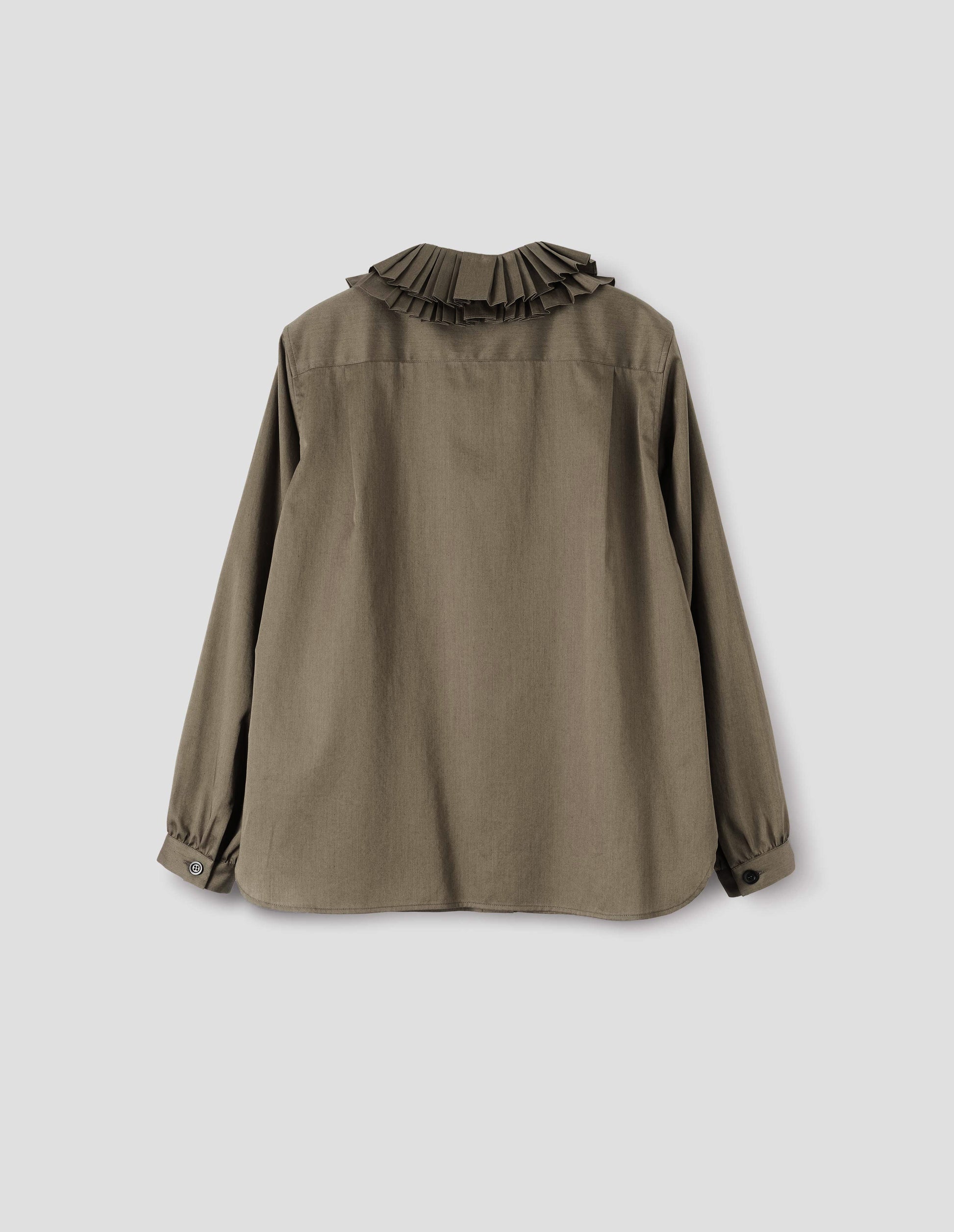 Dark green long sleeve shirt with ruffled collar and shirt cuffs. Back flat lay view.