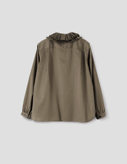 Dark green long sleeve shirt with ruffled collar and shirt cuffs. Back flat lay view.