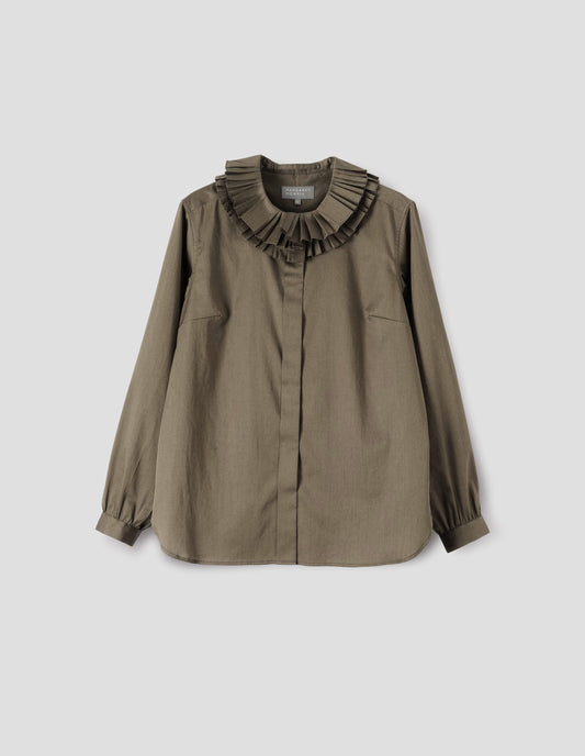 Dark green long sleeve shirt with ruffled collar, concealed placket and shirt cuffs. Front flat lay view.