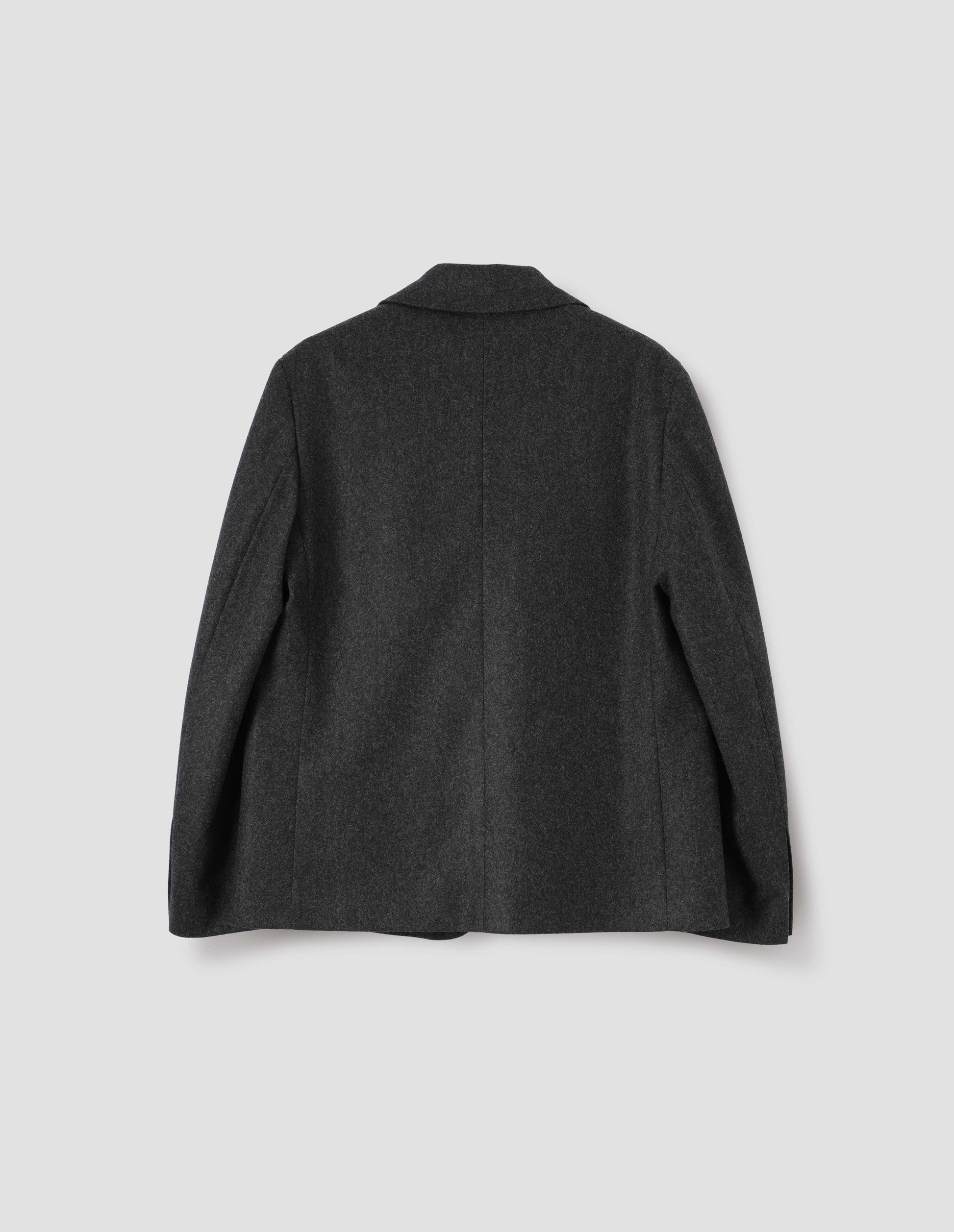 Dark grey blazer, back flat lay view.