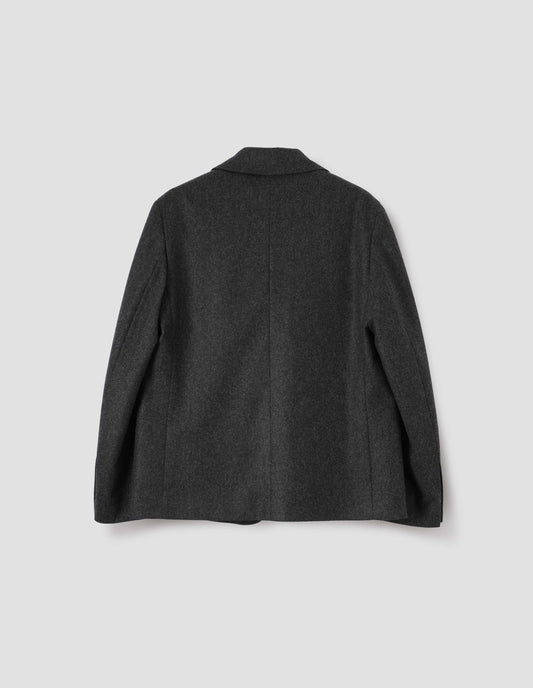 Dark grey blazer, back flat lay view.