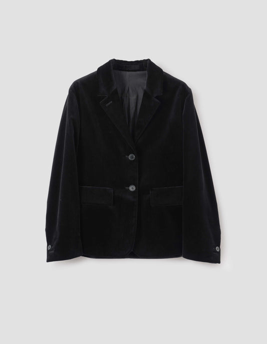 Black blazer with horn buttons on lapel and cuffs and flap patch pockets, front flat lay view.