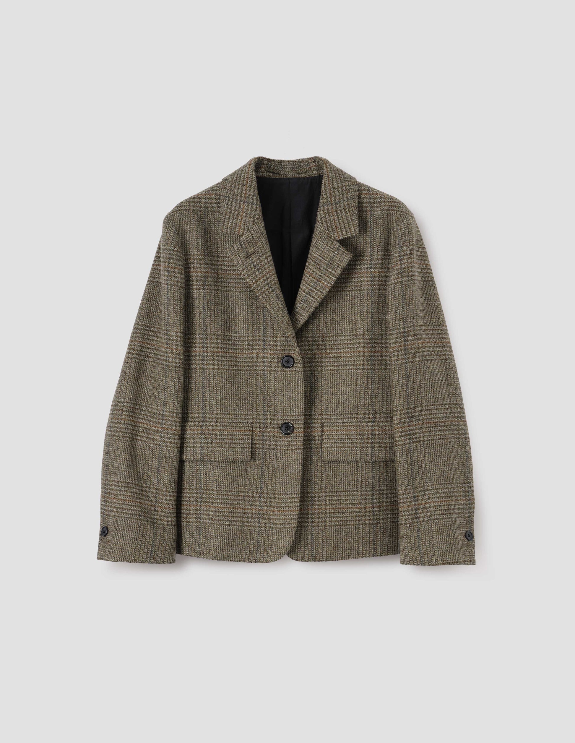 Green-brown glencheck blazer with horn buttons on lapel and cuffs and flap patch pockets, front flat lay view.
