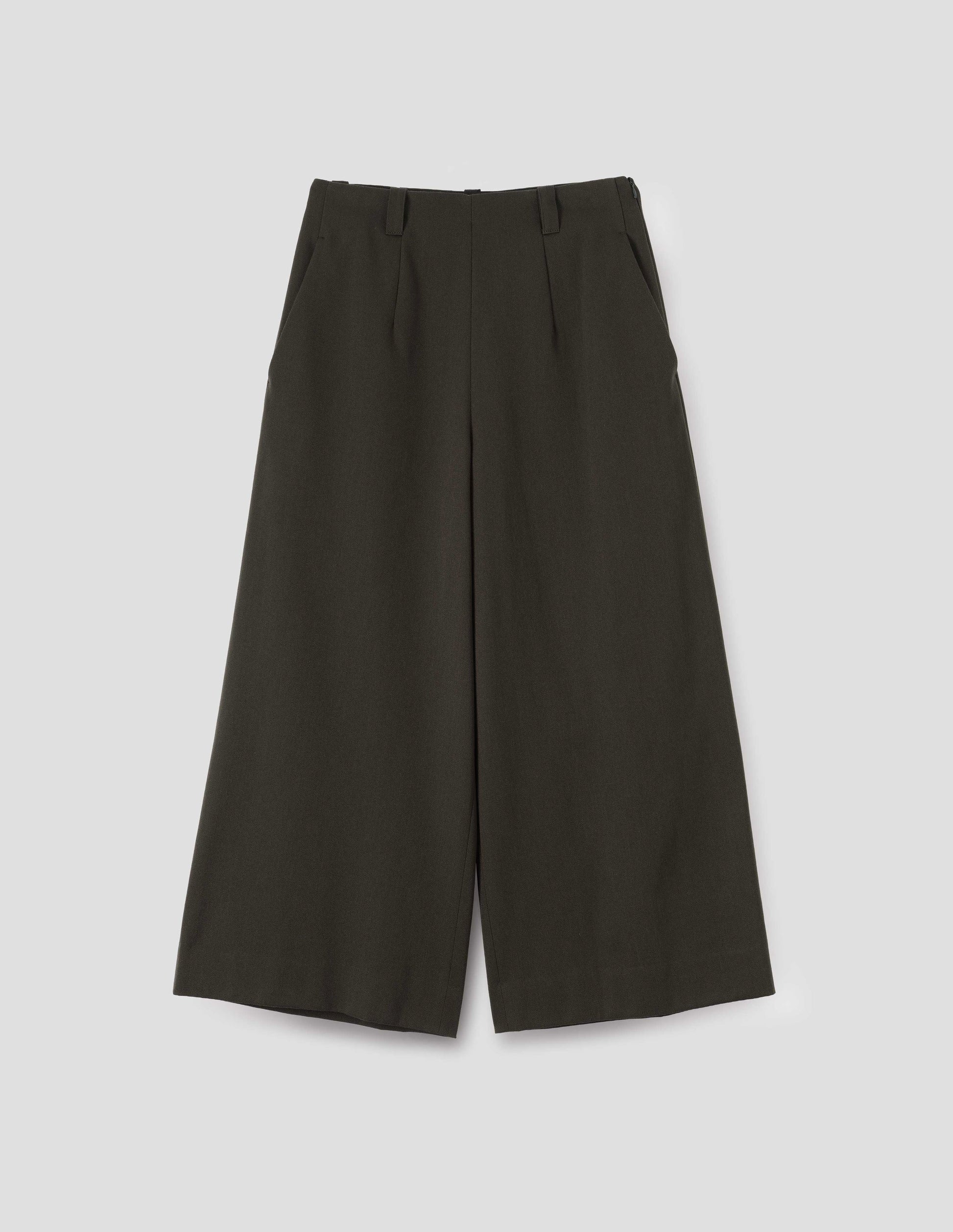 Brownish green wool wide leg culottes, with belt loops, side pockets and concealed zip fastening. Front flat lay view.
