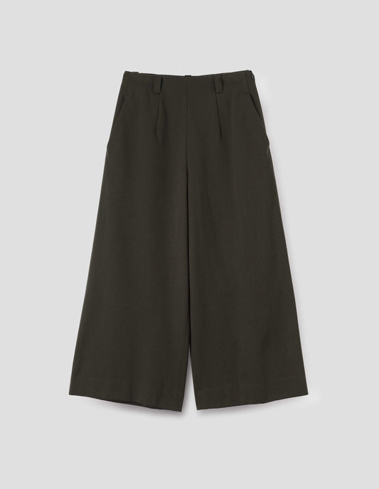 Brownish green wool wide leg culottes, with belt loops, side pockets and concealed zip fastening. Front flat lay view.