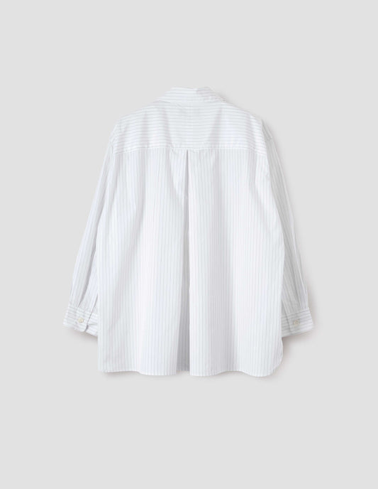 White and grey striped shirt with A line hem, split panel yoke with deep, inverted centre back pleat and mother of pearl buttons on cuffs. Back flat lay view.