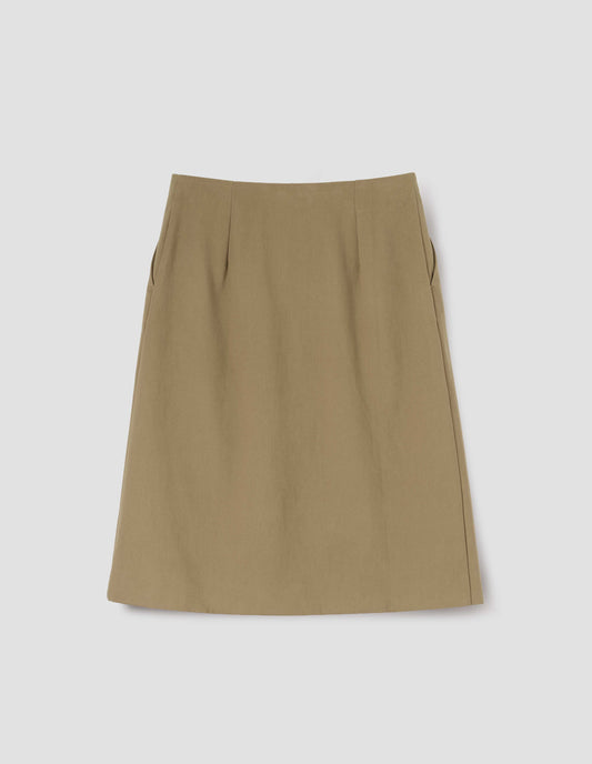 Beige knee length skirt with concealed side pockets, back flat lay view.