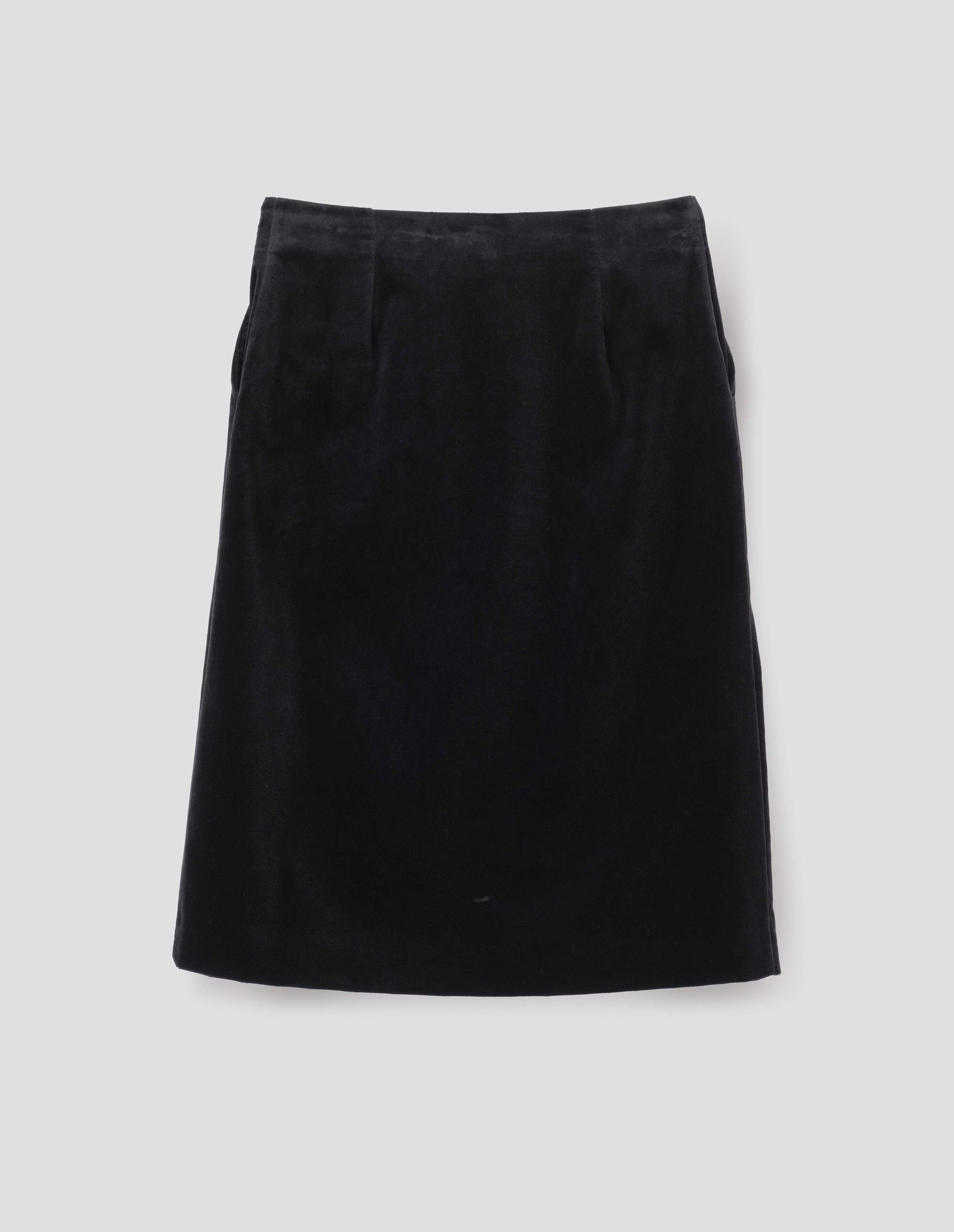 Black velvet a-line skirt, back flat lay view.