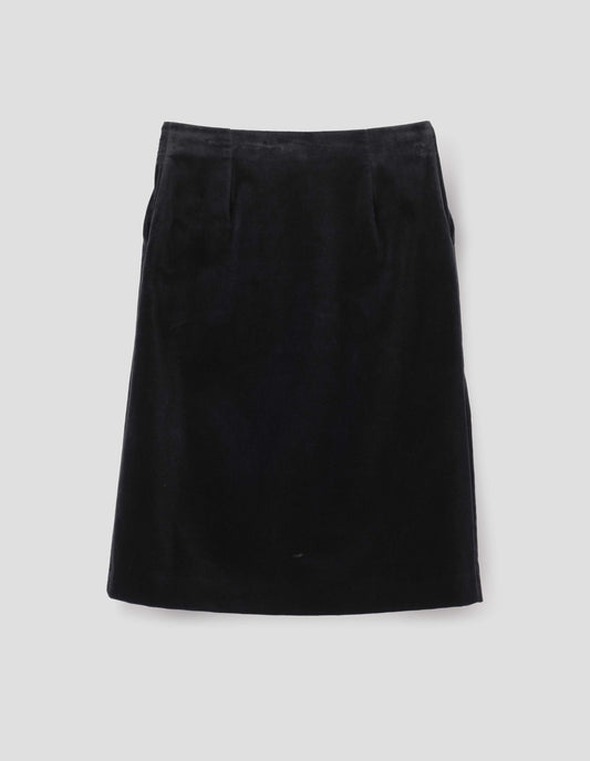 Black velvet a-line skirt, back flat lay view.