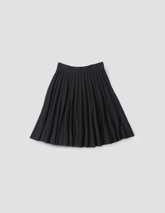 Black knitted skirt with pleats. Back flat lay view.