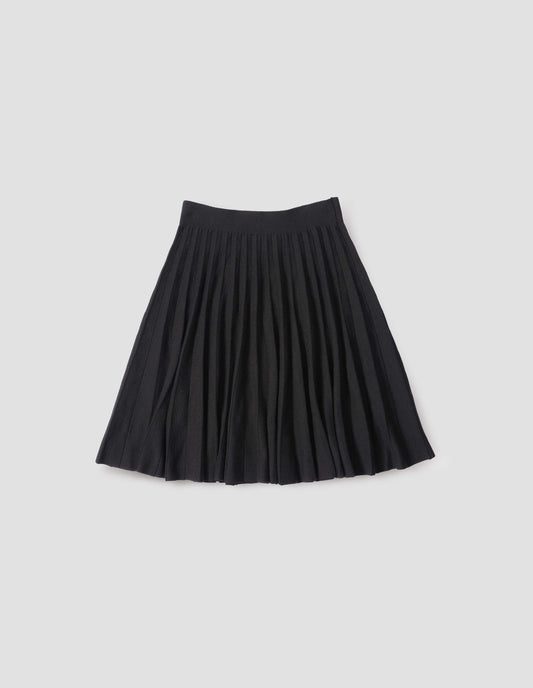 Black knitted skirt with pleats. Front flat lay view.