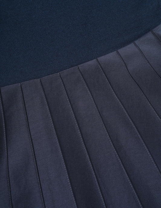 Navy blue dress, knitted merino wool top and cotton silk skirt, fabric swatch.