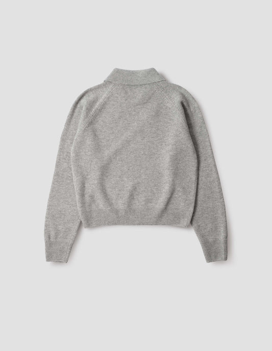 Grey collared jumper with contrast rib on cuffs and hem, back flat lay view.