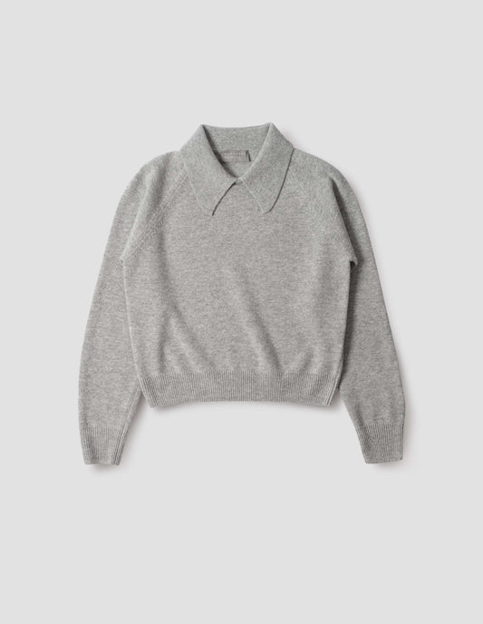 Grey collared jumper with contrast rib on cuffs and hem, front flat lay view.