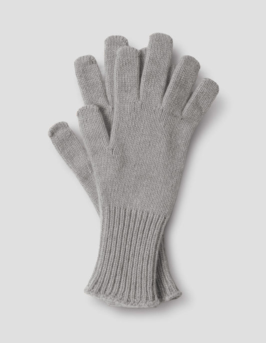 Light grey knitted cashmere gloves with long ribbed cuffs. Front flat lay view.