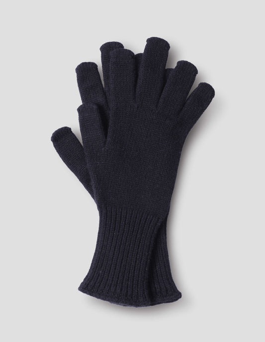 Dark blue knitted cashmere gloves with long ribbed cuffs. Front flat lay view.