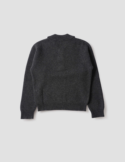 Dark grey knitted polo with contrast rib on collar, placket and cuffs, back flat lay view.