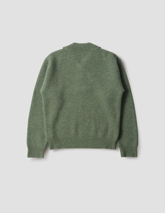 Green knitted polo with contrast rib on collar, placket and cuffs, back flat lay view.