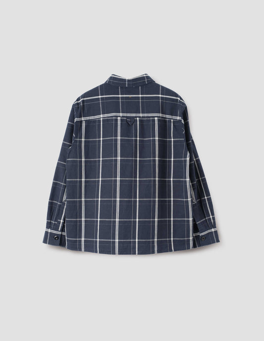 Navy and white checked shirt with hanger loop on back yoke and corozo brace button cuffs. Back flat lay view.