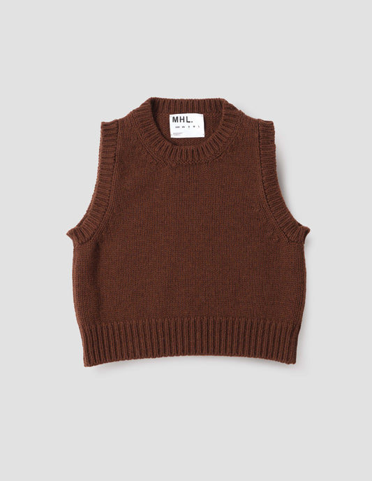 Red brown sleeveless knitted vest with contrasting neckline, hem and deep armholes. Front flat lay view.