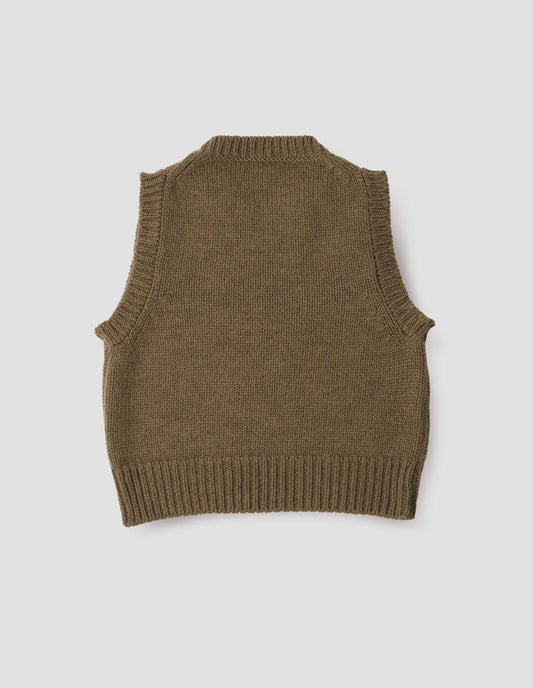 Beige green sleeveless knitted vest with contrasting neckline, hem and deep armholes. Back flat lay view.