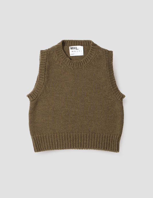 Beige green sleeveless knitted vest with contrasting neckline, hem and deep armholes. Front flat lay view.
