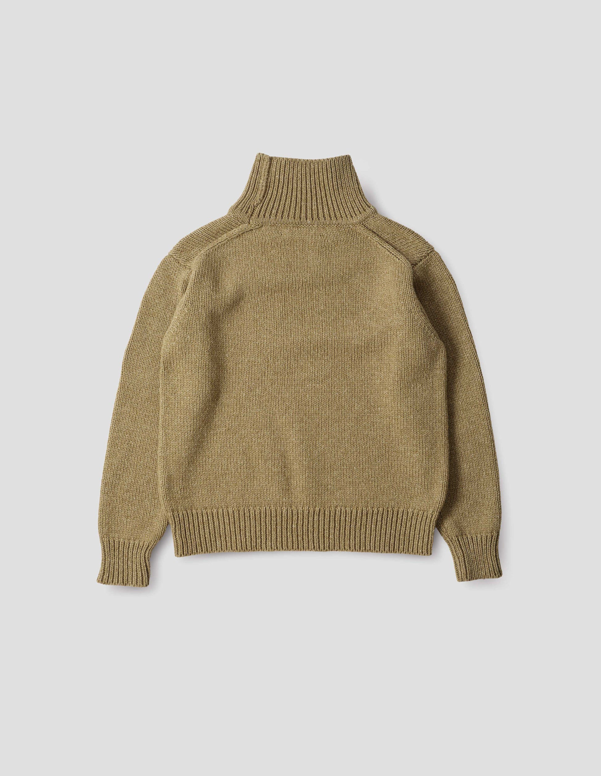 Light green high neck jumper with deep rib trim on neck, cuffs and hem. Back flat lay view.