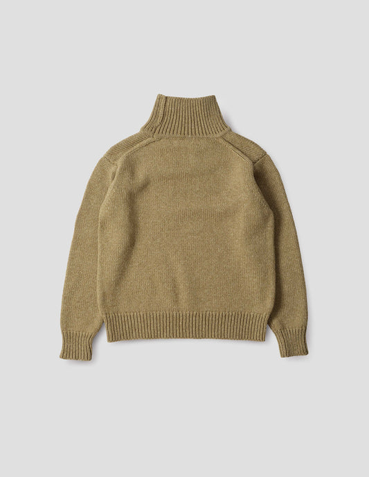 Light green high neck jumper with deep rib trim on neck, cuffs and hem. Back flat lay view.