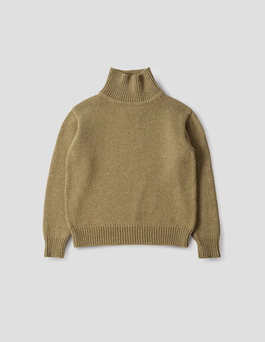 Light green high neck jumper with deep rib trim on neck, cuffs and hem. Front flat lay view.