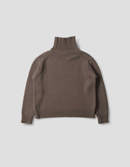 Brown high neck jumper with deep rib trim on neck, cuffs and hem. Back flat lay view.