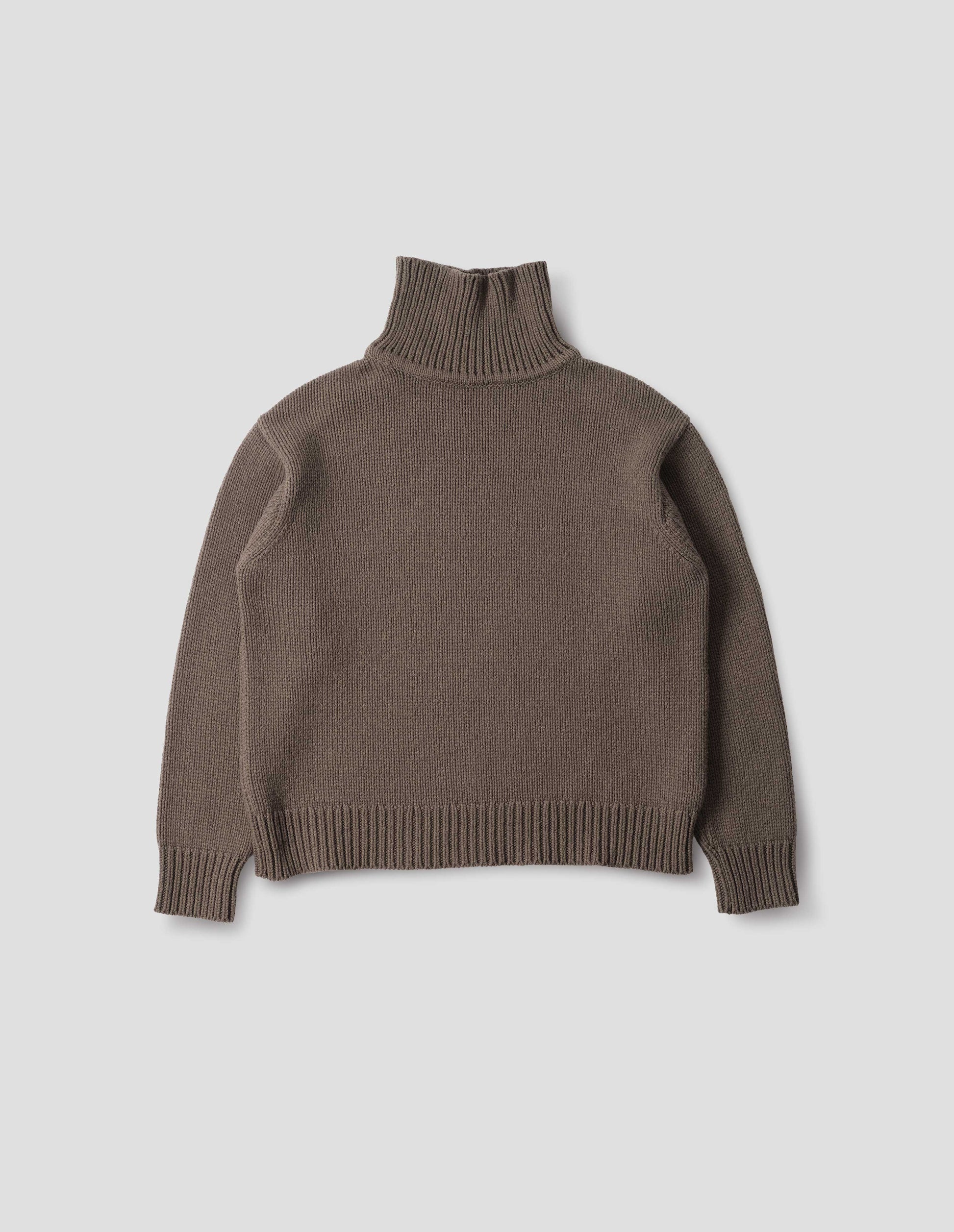 Brown high neck jumper with deep rib trim on neck, cuffs and hem. Front flat lay view.