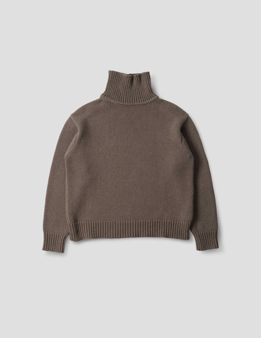 Brown high neck jumper with deep rib trim on neck, cuffs and hem. Front flat lay view.