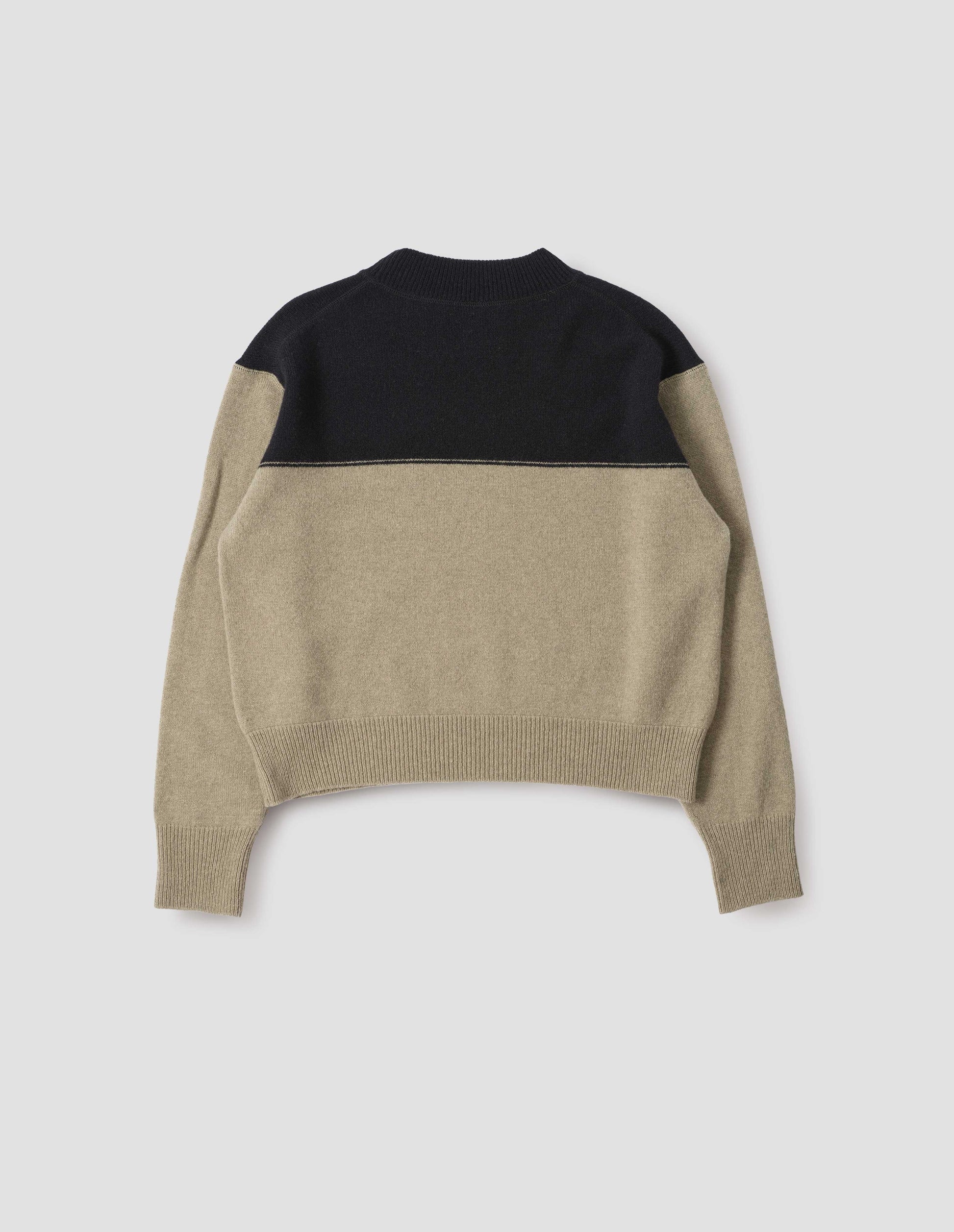 Black and beige jumper with ribbed crew neck, cuffs and hem, back flat lay view.
