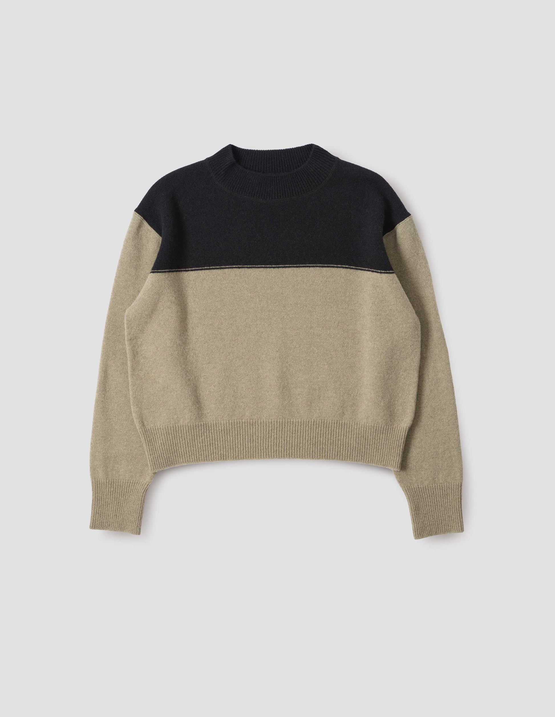 Black and beige jumper with ribbed crew neck, cuffs and hem, front flat lay view.
