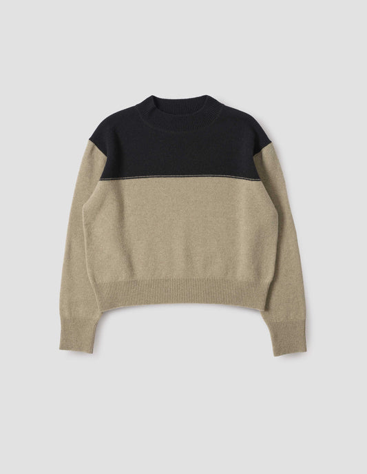 Black and beige jumper with ribbed crew neck, cuffs and hem, front flat lay view.