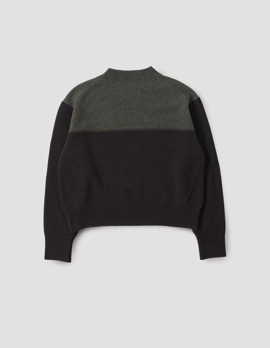 Dark green and black jumper with ribbed crew neck, cuffs and hem, back flat lay view.