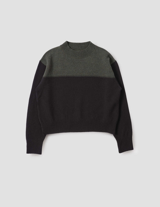 Dark green and black jumper with ribbed crew neck, cuffs and hem, front flat lay view.